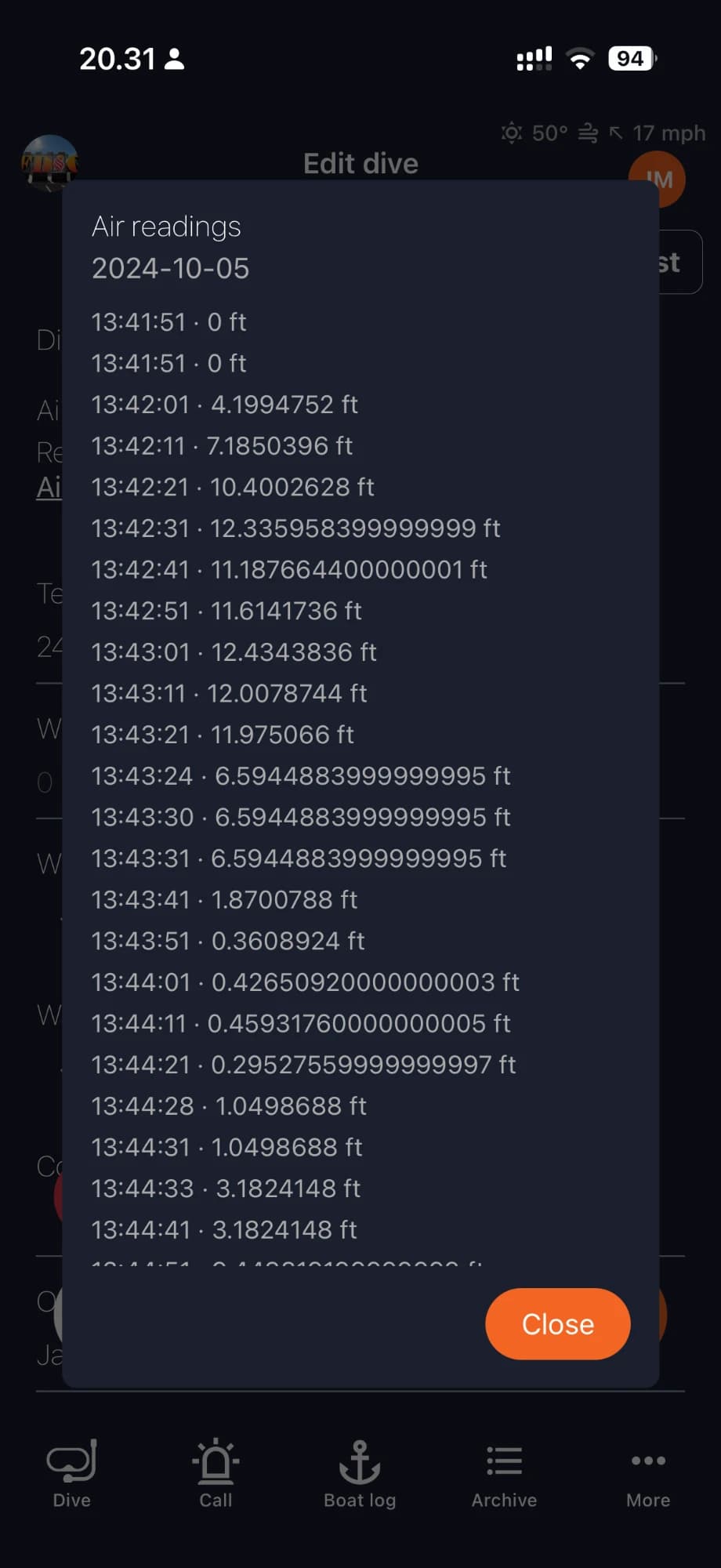 OpsLogger list of timestamped air/depth readings for a dive