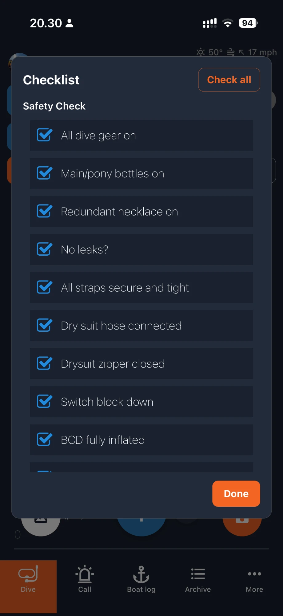 OpsLogger safety checklist with items such as all dive gear on and no leaks
