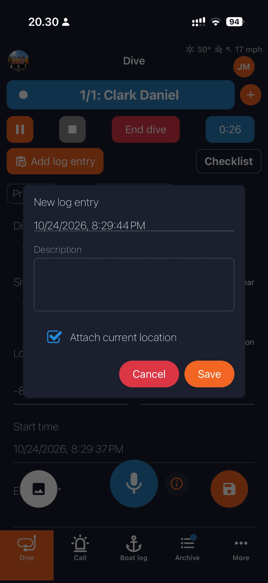 OpsLogger new log entry dialog with timestamp, description and attach location option