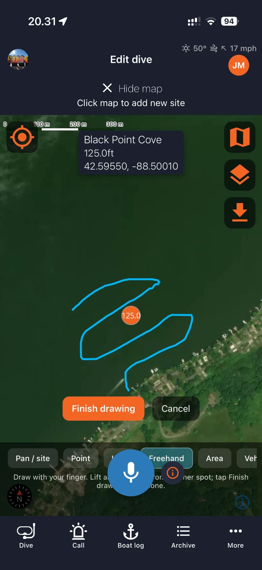 OpsLogger satellite map with a recorded search track along a shoreline