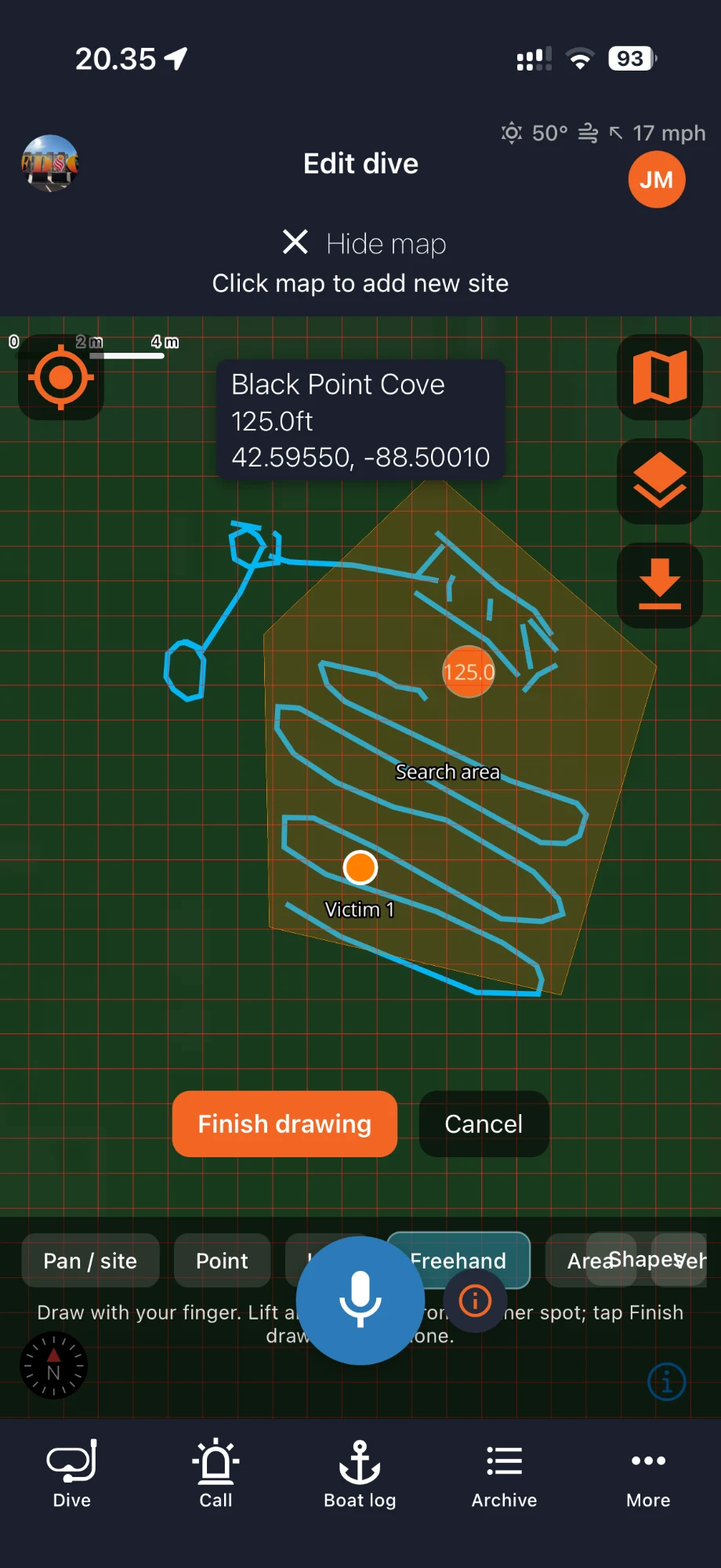 OpsLogger map showing a drawn search area, a victim marker and the recorded search pattern