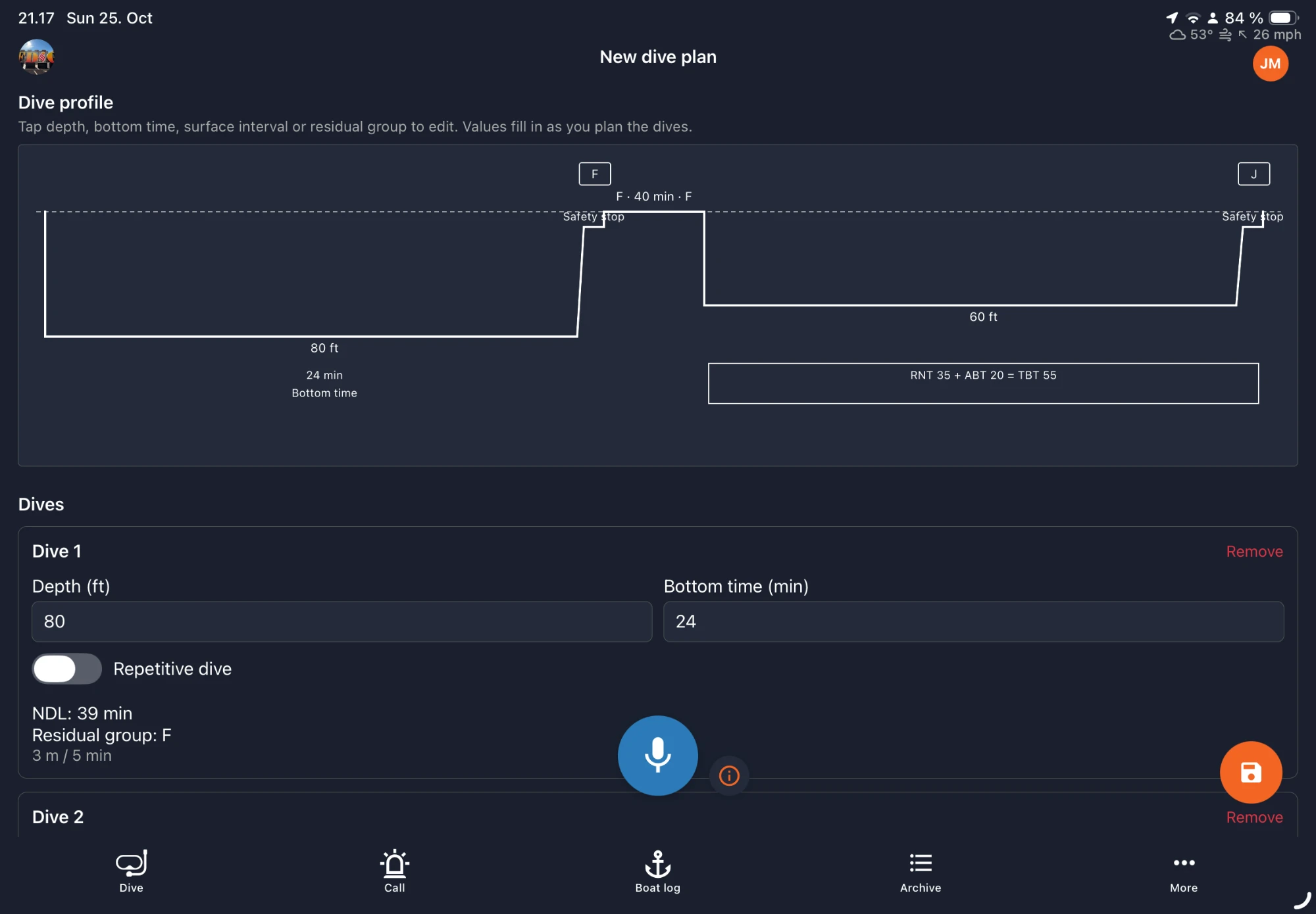 OpsLogger dive plan on a tablet with a dive profile chart for two repetitive dives, safety stops and residual groups