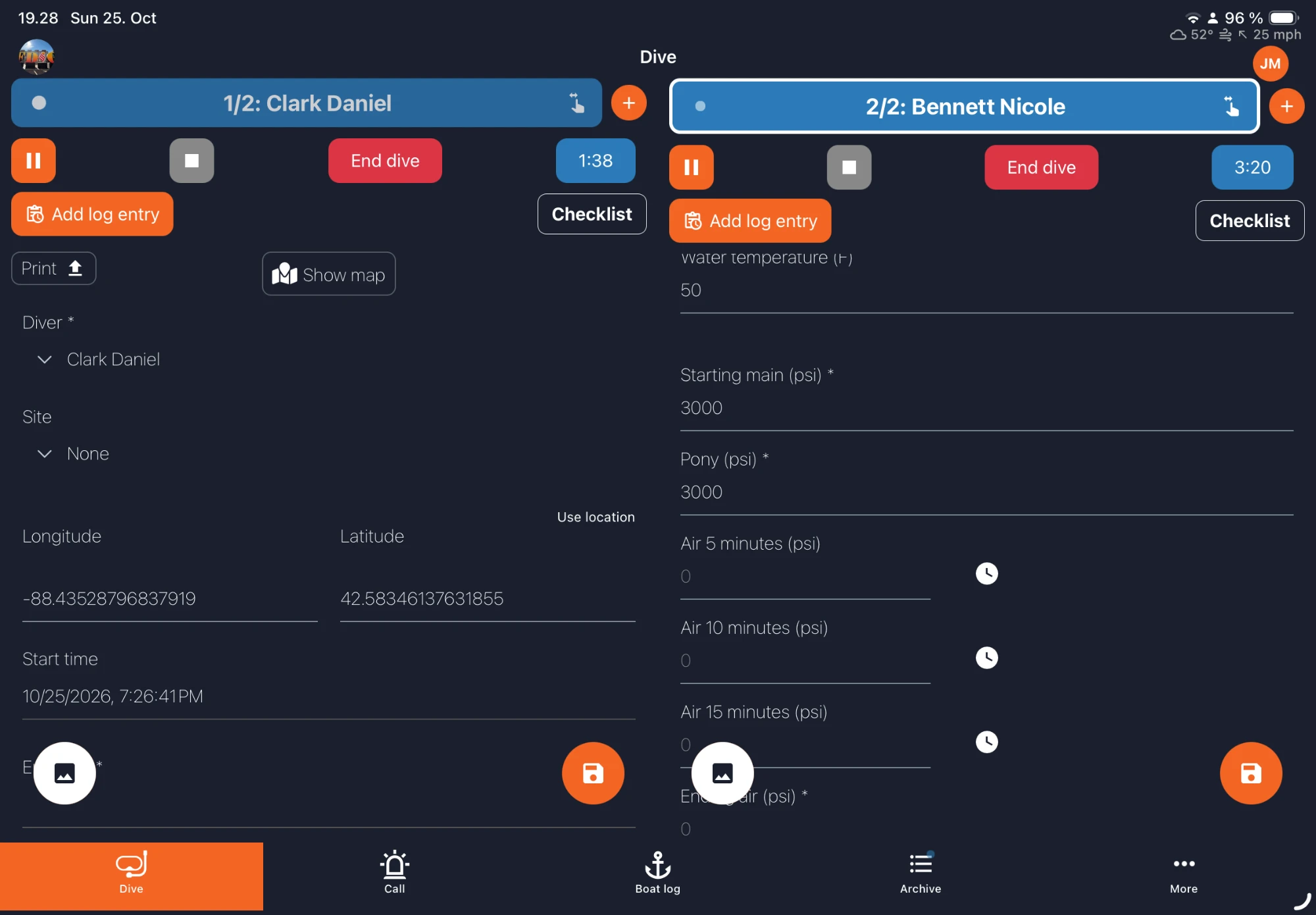 OpsLogger on a tablet with two divers logged side by side, each with its own timer and form