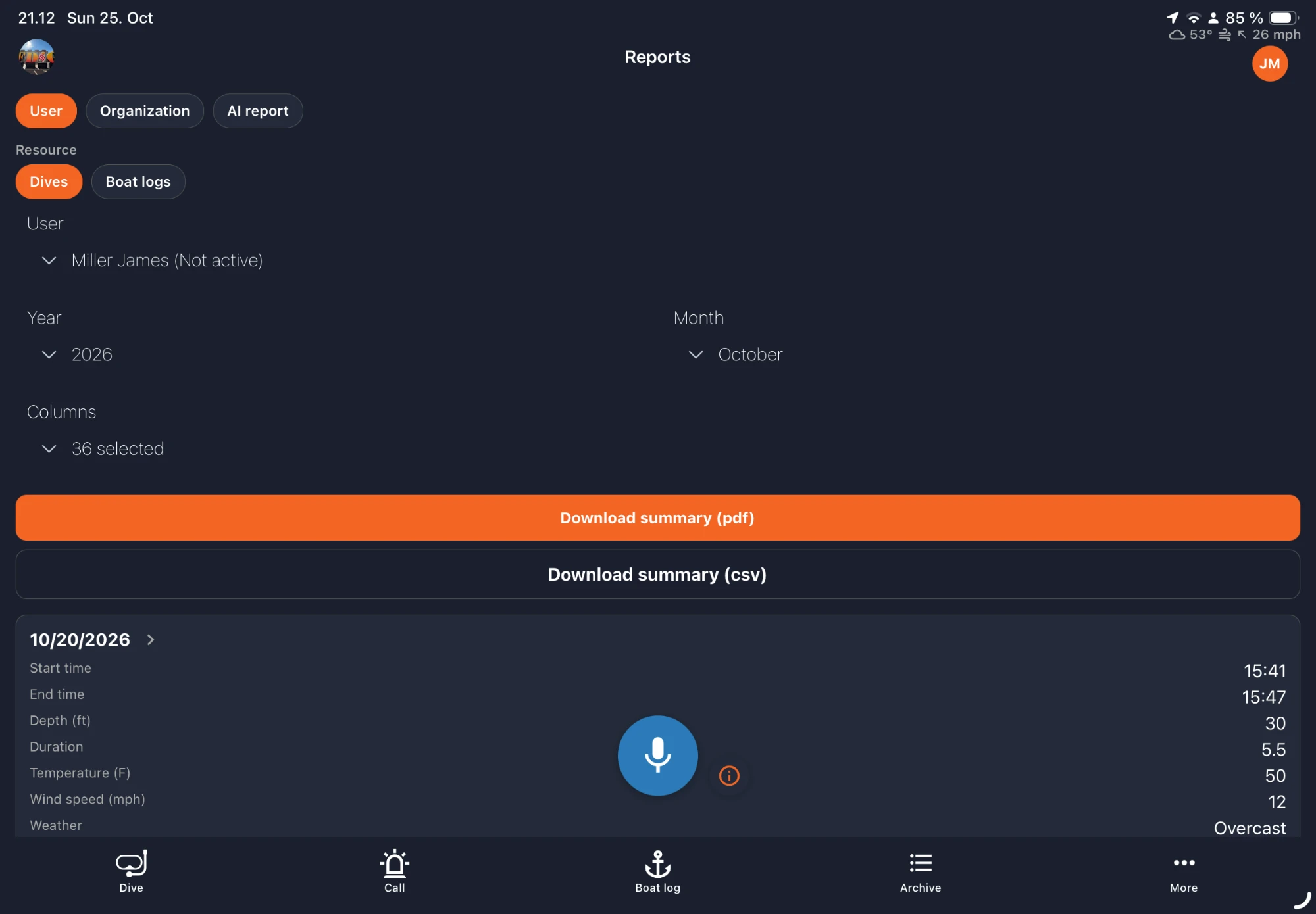 OpsLogger reports screen on a tablet with user, resource, year, month and column selection and download buttons
