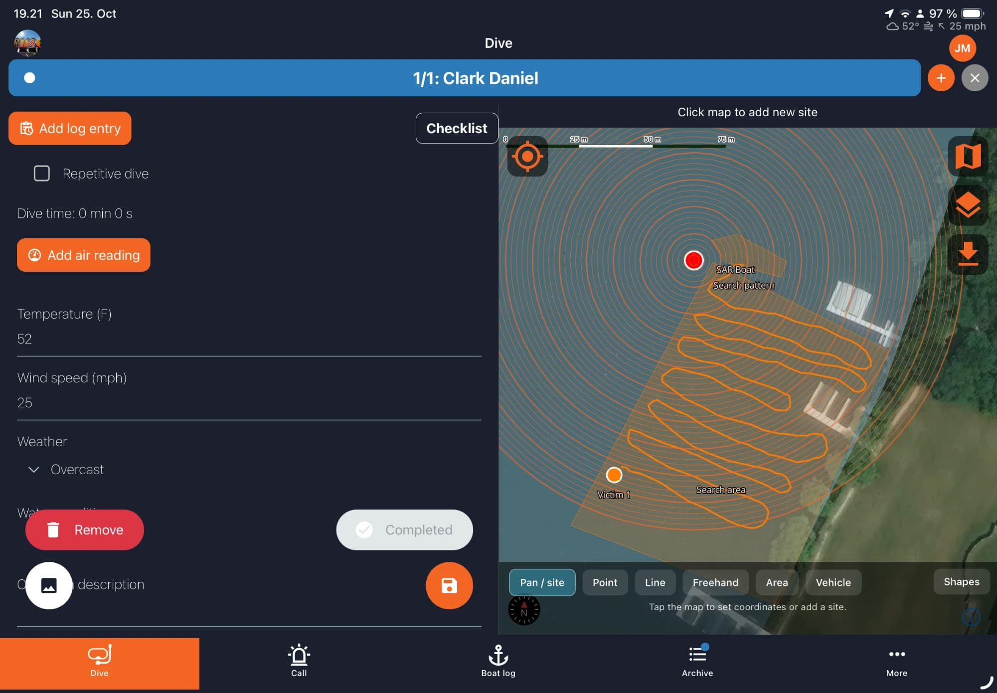 OpsLogger on a tablet showing a satellite map with the search area, search pattern and victim marker next to the dive form