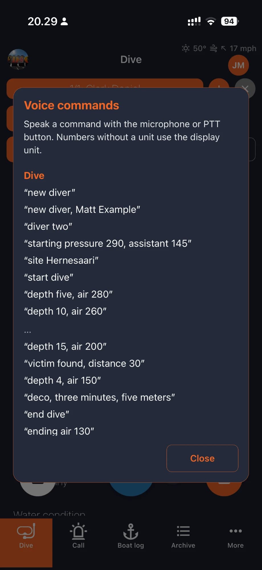 OpsLogger voice commands help listing example commands such as new diver and start dive