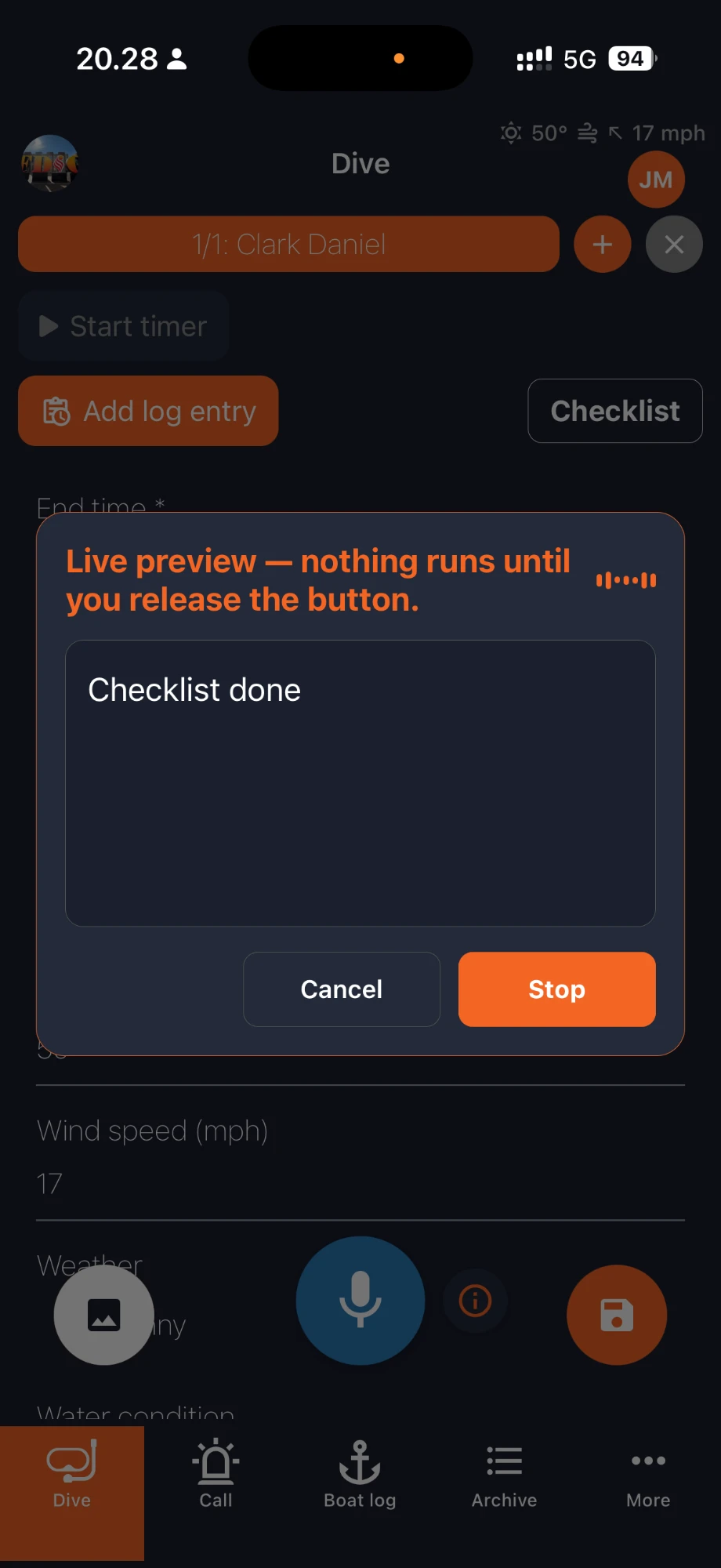 OpsLogger live preview of a spoken entry that runs only when the button is released
